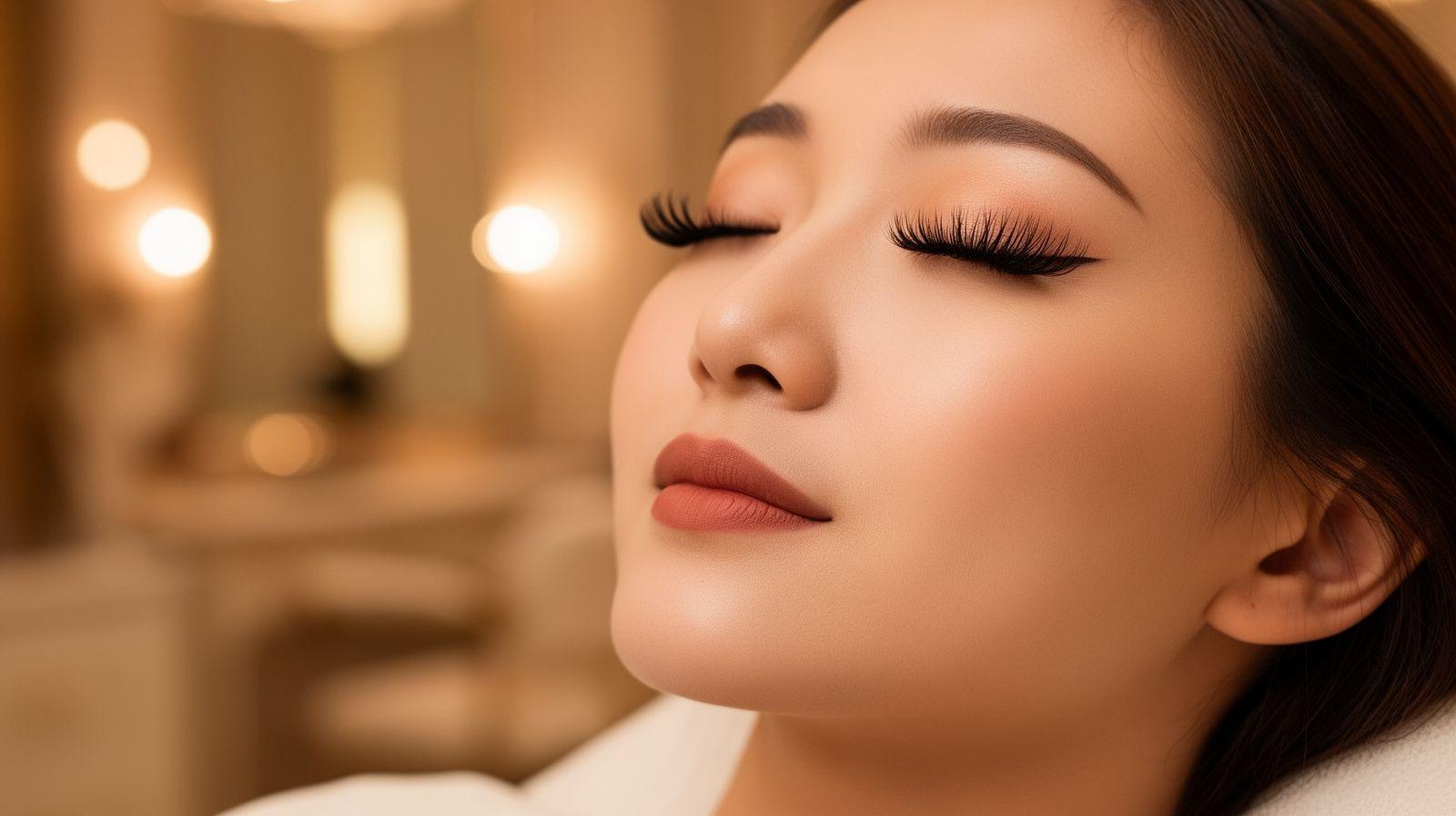 Woman with elegant eyelash extensions relaxing in the Cleanozh studio