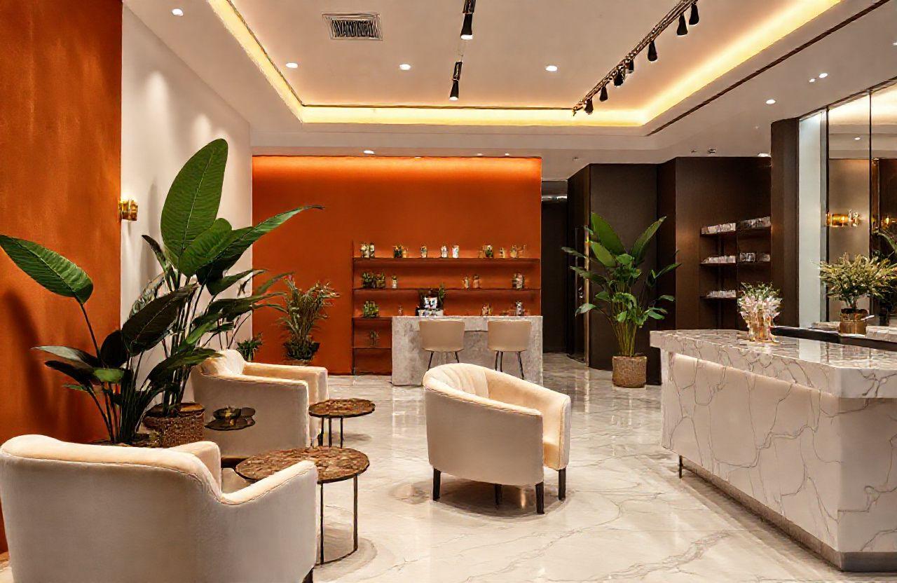 Cleanozh studio reception lounge with cream armchairs and terracotta accent wall