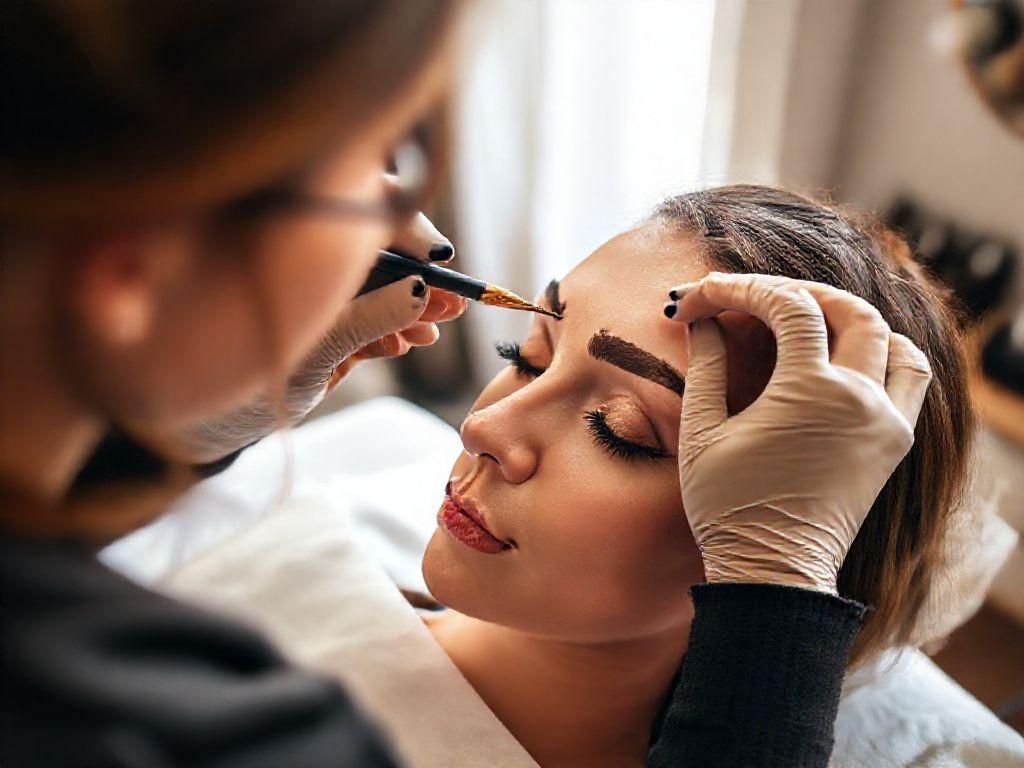 Brow artist mapping and tinting a client's eyebrows